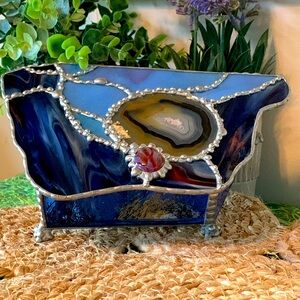 Vintage Slag and stained glass mirrored jewelry box, EUC